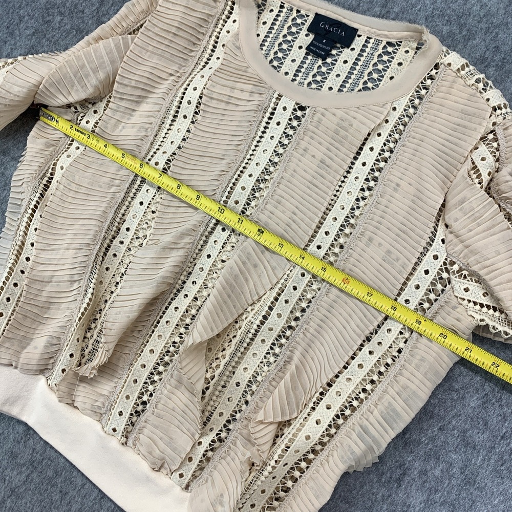 Gracia Beige Cream Top Beige Ruffle Sheer See Through Lace Long Sleeve - Size S - Picture 5 of 9